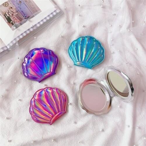 GU18 Shell Shape Makeup Mirror 2X Magnifying Mirror Portable Vanity Foldable Laser Travel Pocket Mirror Cosmetic Hand Compac