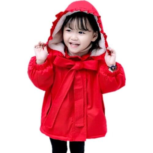 Red Coat Girls Hooded Bow Windbreaker Jacket Winter Cute Baby Toddler 2020 Autumn Infant Thick Clothes for Kids Warm Outerwear