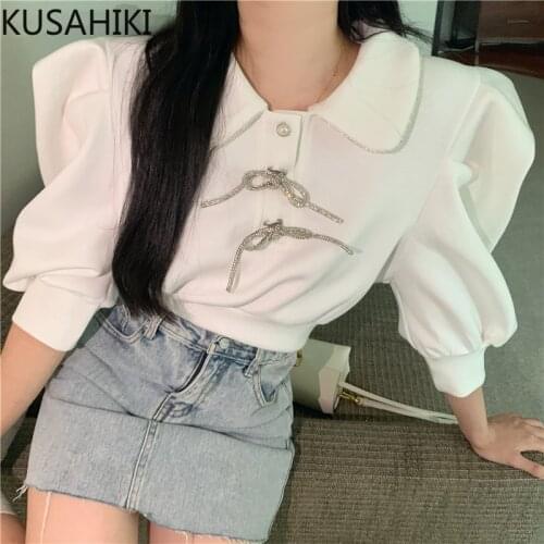 KUSAHIKI Puff Sleeve Womens Tops 2021 Summer New Bowknot Turn-down Collar Blouse Causal Korean Solid Blusas Shirt 6H410