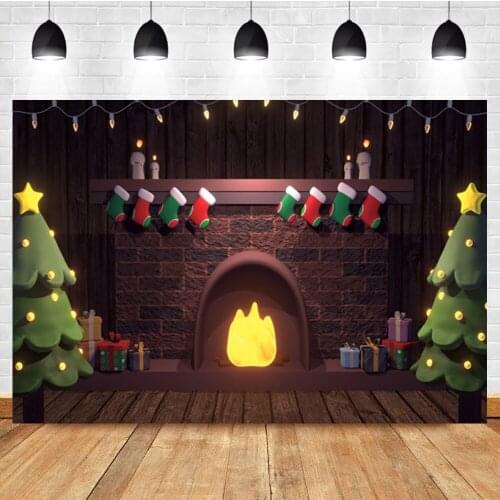Laeacco Cartoon Christmas Tree Fireplace Socks Floor Birthday Photography Backdrop Photographic Photo Background For Photo Studi