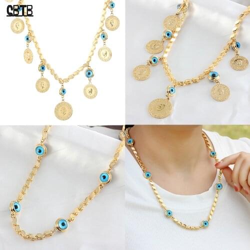 Muslim Evil Eye Necklace Middle East Turkey 18K Gold Coin Necklace for Women Wedding Luxury Charm Jewelry Gifts Never Fading