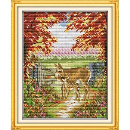 Counted Cross Stitch Kit Joy Sunday Warm Deer Mother and Child Printed Canvas 11CT 14CT Stamped Fabric Needlework Embroidery Set