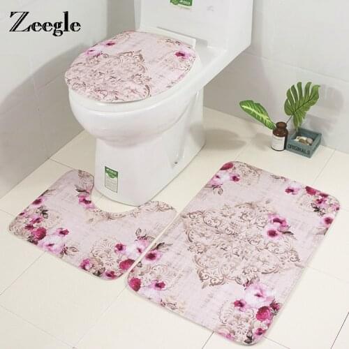 Zeegle Bath Mat Set Anti-slip Bathroom Floor Rugs Bathroom Washable 3pcs Set Carpet Floral Pattern Decor Toilet Seat Cover