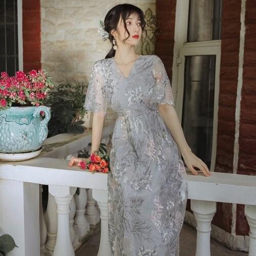 Improved Embroidered Cheongsam Dress Lace Retro Dress Sweet for Girls Dress Eleglant 2021 Summer French Dresses Women for Party