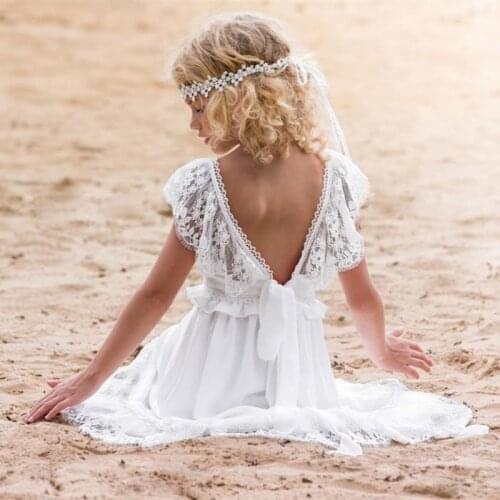 Formal Bohemian Wedding Flower Girl Dresses For Summer Chiffone V Neck Lace Kids Pageant Gowns Backless First Communion Dress