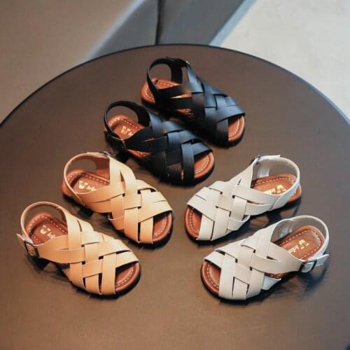 Girls Sandals 2021 Summer Retro Woven PU Shoes Children Soft Bottom Anti Slip Fashionable Beach Chaussure Enfant