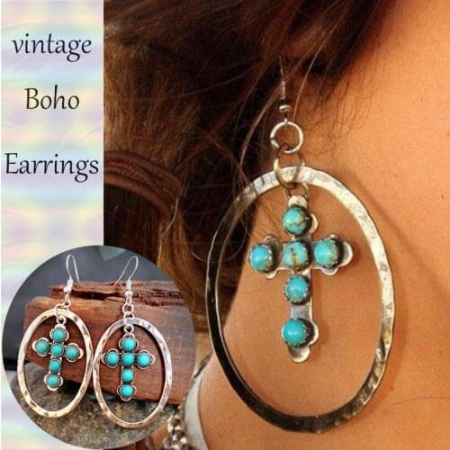 Vintage Big Hoop Circle Cross Multi Turquoises Earrings Green Stone Boho Bali Style Oval Compressed Stones Silver Color Jewelry