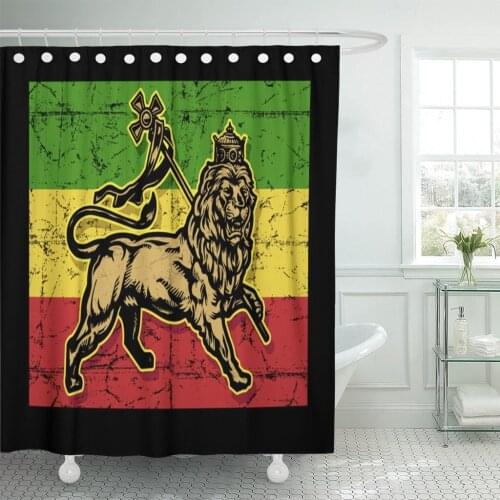 Green Rasta Lion of Judah Flag Red Reggae Jamaica Shower Curtain Waterproof 72 x 78 Inches Set with Hooks