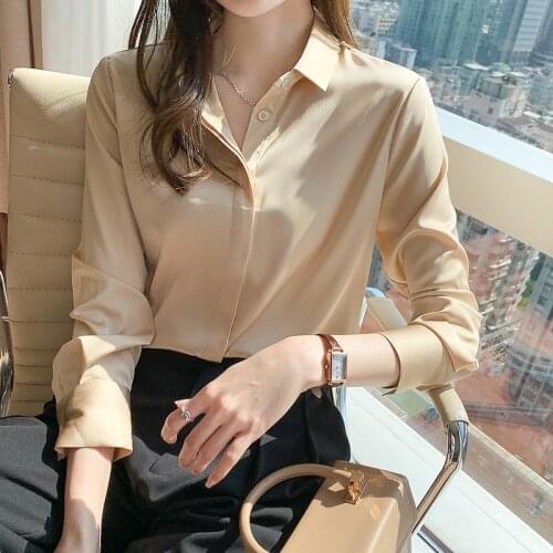 QoerliN Elegant Satin Blouse Autumn Spring Turn-Down Collar Single-Breasted Long Sleeve Female Chiffon Shirt Ladies Blouse Plus