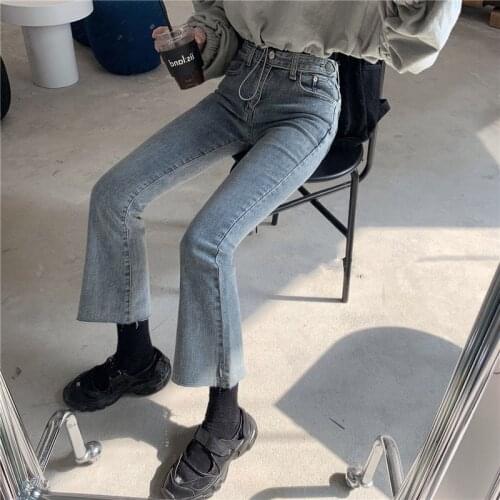 Slim High Waist Small Flared Pants Women Buttocks Stretch Cropped Trousers Ladies Fashion All-match Button Straight Street Jeans