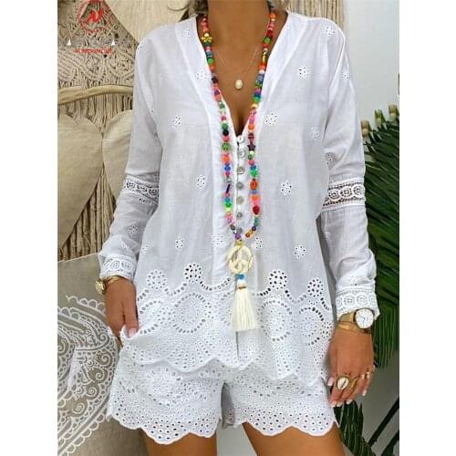 Women Solid Color Spring Autumn 2 Piece Thin Sets Hollow Out Design Button Embroidery Decor V-Neck Long Sleeve T-Shirts+Shorts