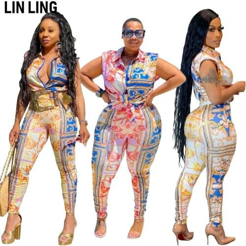 LINLING Fashion Totem Stitching Printed Sleeveless Single Breasted Top with Leggings High Quality Women Suit