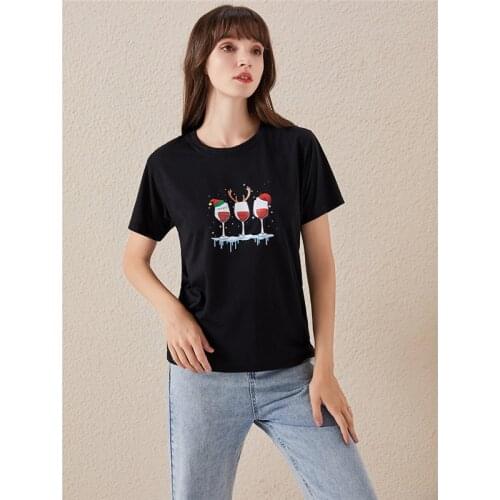 Female Xmas T Shirt Funny Christmas Wine Glass Santa Claws Printed Loose T Shirt Short Sleeve Cute Tees Women Graphic Tops