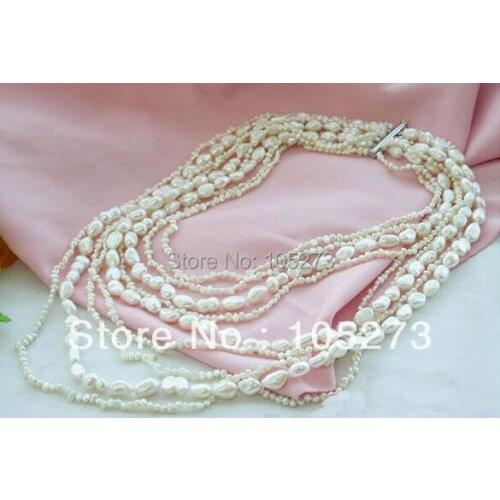 New Arriver Ladys Party Jewelry 10Rows 29'' 4-12mm White Color Baroque Freshwater Cultured Pearl Necklace New Free Shipping