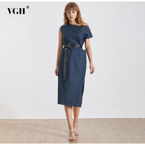 VGH Elegant Dresses For Women Sexy Slash Neck Hem Split High Waist Lace Up Slim Solid Dress Female 2021 Fashion Clothing Summer
