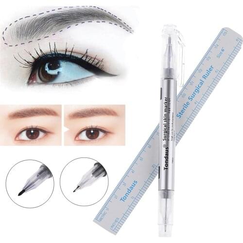 1PC Double Head Microblading Tattoo Eyebrow Skin Marker Pen With 1PC Measuring Ruler Waterproof Smooth Eyebrow Grooming Tools