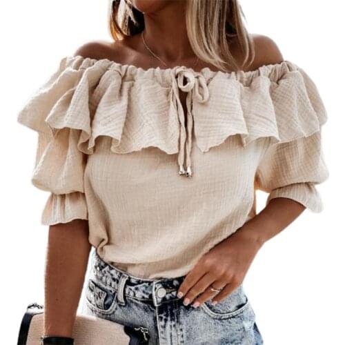 Blouse Shirt Simple Design Chic Solid Color Spring Summer Ruffle Off Shoulder Women Tops for Shopping Blouse Lady Clothing