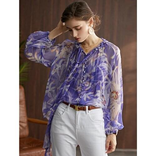 Blouse Women Casual Style 100 % Silk Shell Printed Tie Neck Long Lantern Sleeves High Quality Loose Shirt Ladies New Fashion
