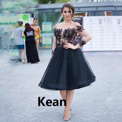 Black Illusion Three Quarter Cocktail Dresses Elegant Deep-v Applique Tiered A-Line Short Party Dress Homecoming Dresses