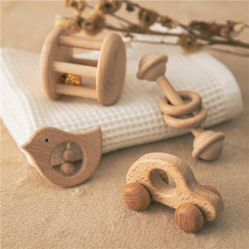 1set Baby Rattles Sets Beech Wooden Car Toys 0-12 Months Rattles Bed Bell Teethers For Teeth Learning Edccation Animal Wood Toys