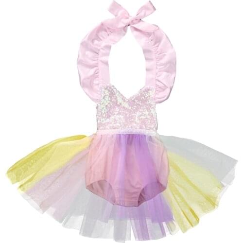Sweet Lovely Summer Infant Baby Girls Romper Dress Petal Sleeve Belt O-Neck Sequined Patchwork Romper Lace Tutu Dress