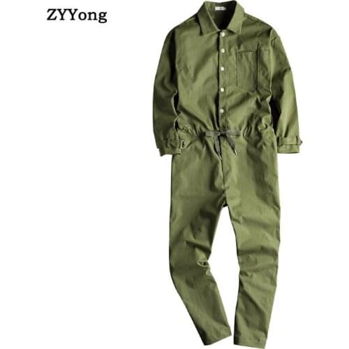 Mens Jumpsuit Lapel Long Sleeve Loose Hip Hop Casual Comfortable Cargo Pants Streetwear Green Black Overalls Straight Trousers