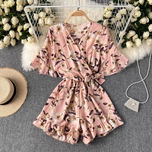 SINGREINY Women Korean Print Rompers Sweet Flared Sleeve V Neck Wide Leg Playsuits Summer Bohemian Ruffles Beach Short Jumpsuits