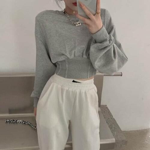 Short Sweatshirt Women Korean Cotton-containing Waist Loose Versatile High-waist Long-sleeved Autumn Winter Tide Waist Top