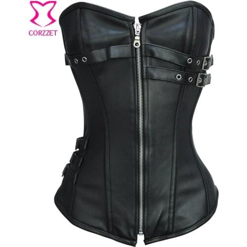 Black Leather Zipper Corsets And Bustiers Gothic Corsage Sexy Espartilhos Corset Corselet Steampunk Clothing Women Plus Size 6XL