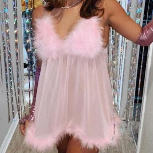 Summer Sleepwear Women Fashion Hot Pink Nightie Erotic Sexy Nightwear Home Clothes See-through Mesh Lingerie Night Gown With Fur