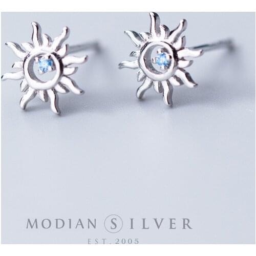 Modian Classic Unique Sun Helios Crystal Stud Earrings for Women 925 Sterling Silver Small Fashion Fashion Jewelry Bijoux