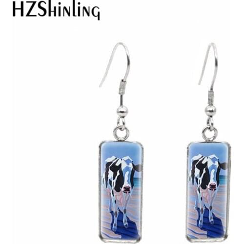 2020 New Ox Painting Earring Cow Art Rectangular Hook Earrings Glass Dome Jewelry Animal Handmade