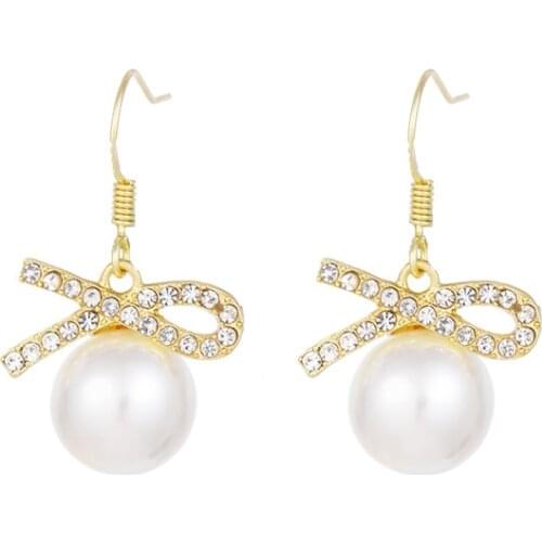 New Jewelry Fashion Crystal Bowknot Imitation Pearl Fashion Earrings Kolczyki Aretes De Mujer