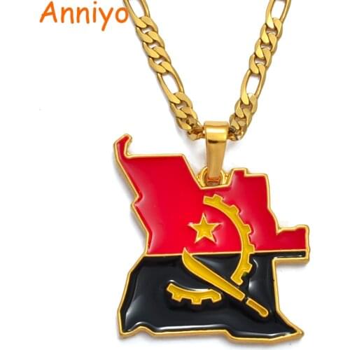 Anniyo Angola Map & Flag Necklace Gold Color African Pendant Jewelry Angolan Country Maps for Women/Men #115906