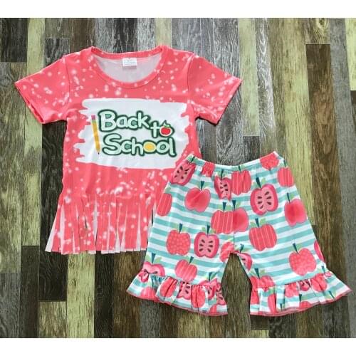 Popular Kids Summer Clothing Little girls go back to school with tassel top and apple stripe lace shorts set