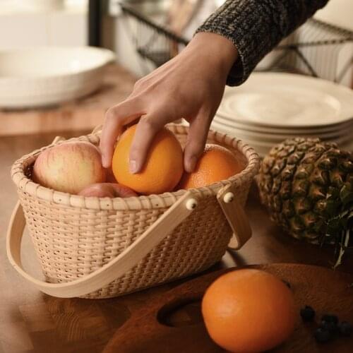 Handmade Rattan Portable Storage Basket Woven Wall Hanging Organizers For Fruit Vegetable Picnic Baskets Home Kitchen Decor Gift