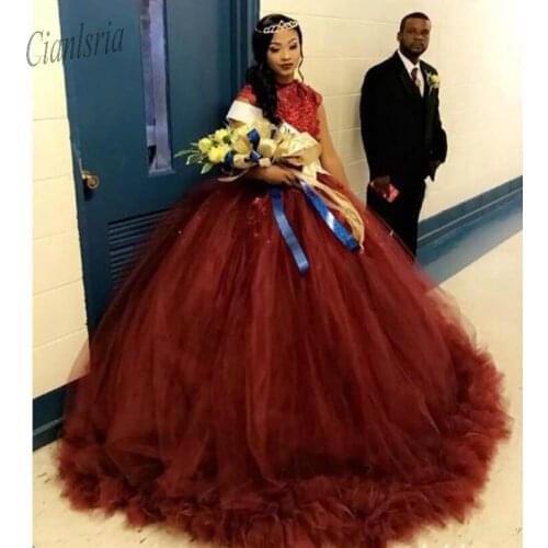 Glamorous Burgundy Ball Gown Quinceanera Dresses Sweet 16 Dress Tulle Skirt Long Teen Girls Pageant Dress 2020