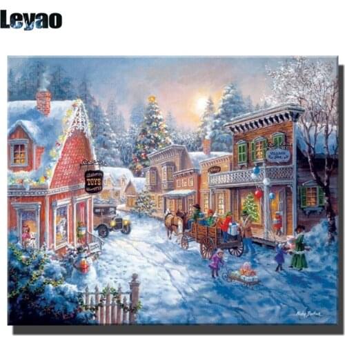 Merry Christmas horse snow street winter Christmas Landscape Diamond Painting Diamond Mosaic Navidad Noel 2022 New Year Decor