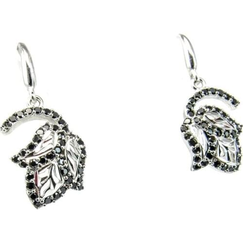 Minosilver earrings rhodium plated sterling silver leaves with precious black zirconia for a woman who loves the original jewelry