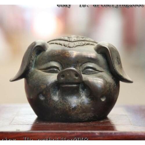 Old China Copper Bronze Auspicious Wealth Zodiac Animal Pig Head Statue