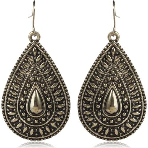 HC Unique Tibetan Antique Silvery Hollow Water Tear Drop Fashion Retro Vintage Earrings Women Wholesale Ethnic Valentines Day F