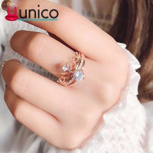 UUNICO 2019 Rose Gold/Silve Color Romentic Handsome Wedding Rings for Women Crown Cut AAA Zircon Engagement Opening Bijoux Bagu
