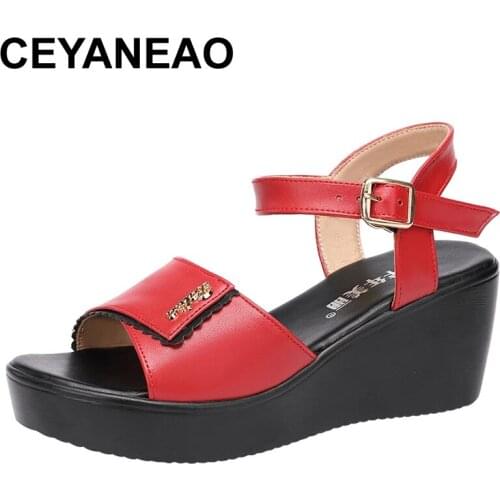 CEYANEAOSoft Bottom Middle Heel Mother Sandals Women Summer 2021 New Platform Large Size 41 42 43 Wedge Sandals