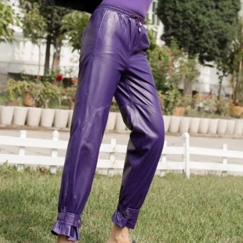 2020 Buckle Pencil Women Genuine Leather Loose Sheepskin Ankle-Length Harem Pants Drawstring Elastic Waist Lady Trousers