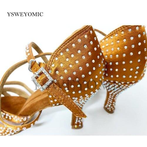 Women Latin Dance Shoes Bronze Tan Satin Colorful Rhinestones Meduim Heel Practise Dance Competition Salsa Latin Shoes For Girls