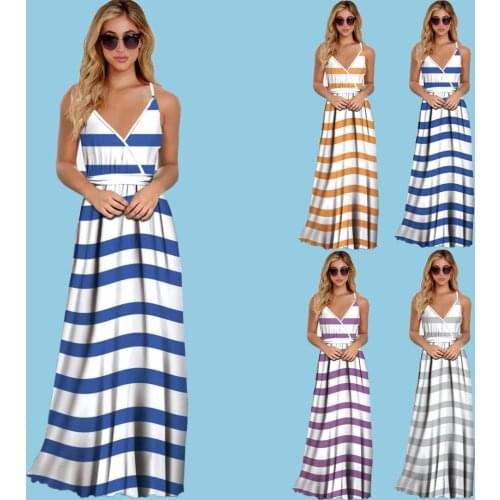 Women Summer Halter V-Neck Stripe Printed Elastic Waist Sling Long Dress 2021 New Fashion Splice Loose Casual Off Shoulder Dress