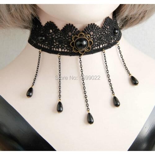 Shabby Chic Gothic Black lace chocker Trendy Jewelry Womens Necklace With Tassel Glass Crystal Pendant Neck Accessories