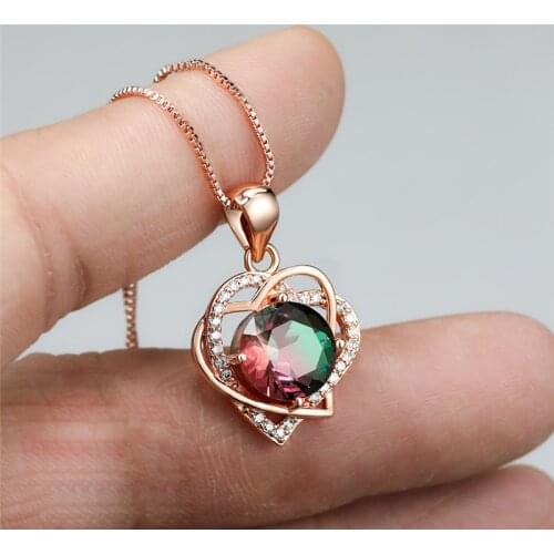 Red Green Crystal Rainbow Zircon Heart Pendant Necklaces For Women Wedding Jewelry Vintage Fashion Rose Gold Engagement Necklace