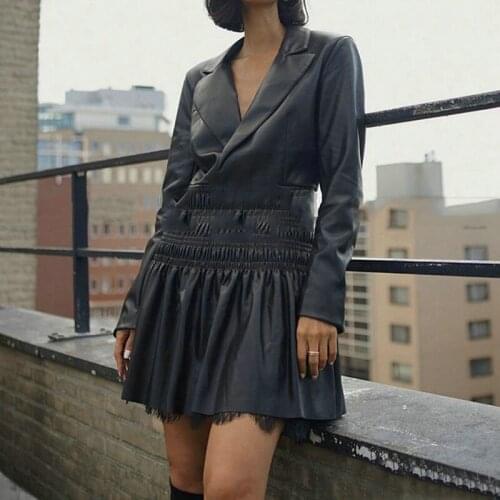 2021 Black PU Dress Woman Autumn Notched Neck High Waist Mini Vestido Woman Clothing Vintage Long Sleeve Party Dresses Female