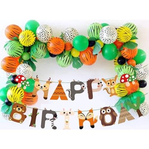 1 Set Cartoon Forest Animals Happy Birthday Banners Rabbit Fox Owl Raccoon Hanging Bunting Kids Baby Shower Birthday Party Decor
